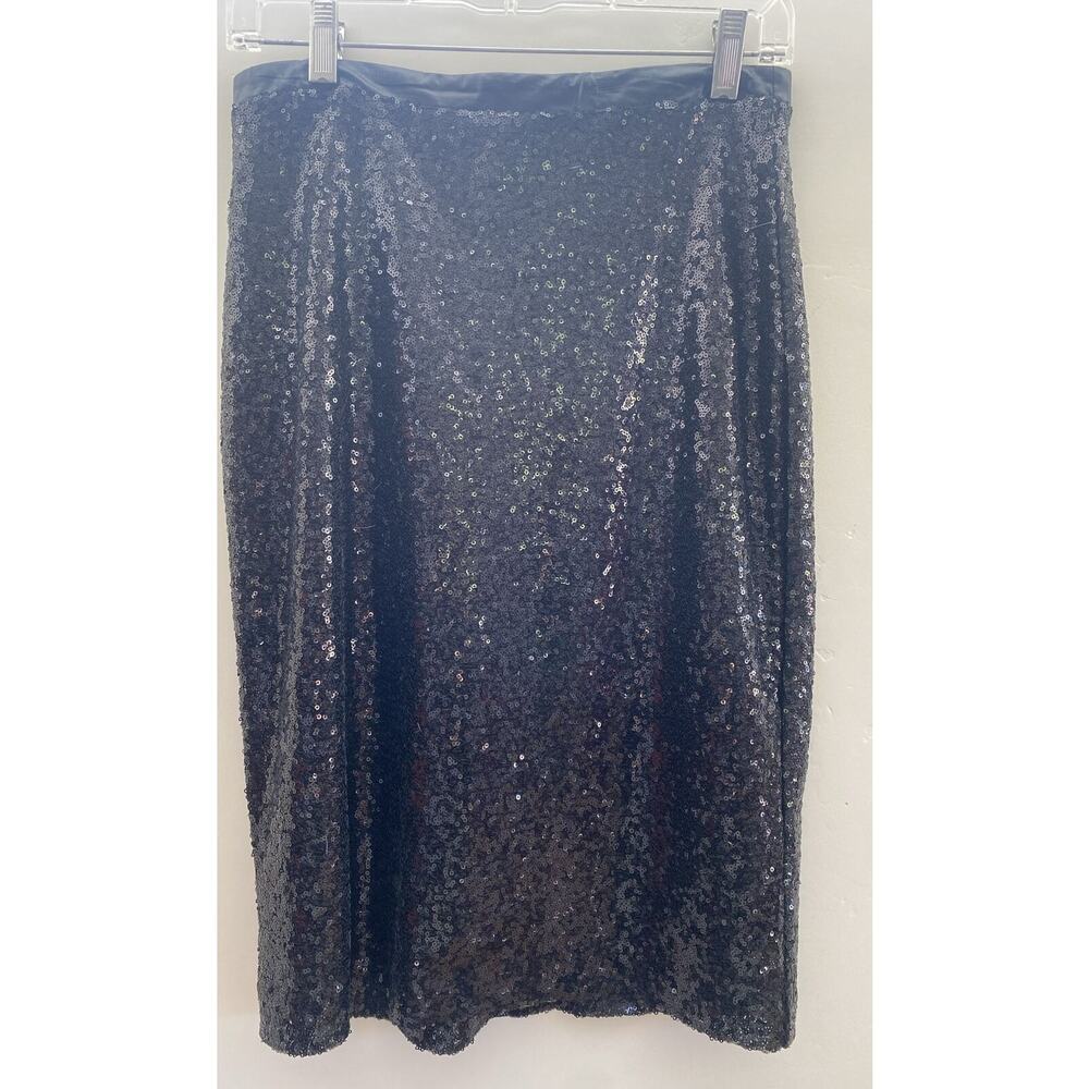 Downeast Black Sequin Pencil Skirt sz S Faux Leather Trim Retro Disco Party